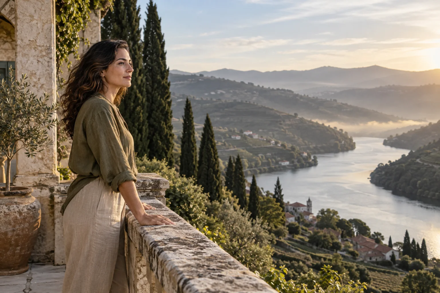 Uma mulher observa um vale a partir de um terraço de pedra