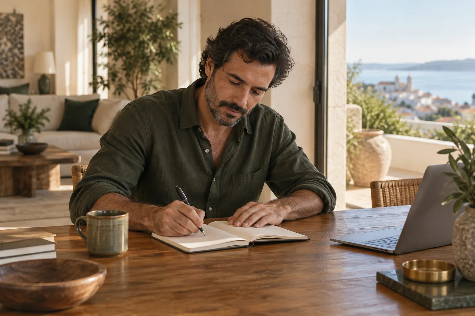 Um homem escreve num caderno enquanto prepara a sua reflexão pessoal