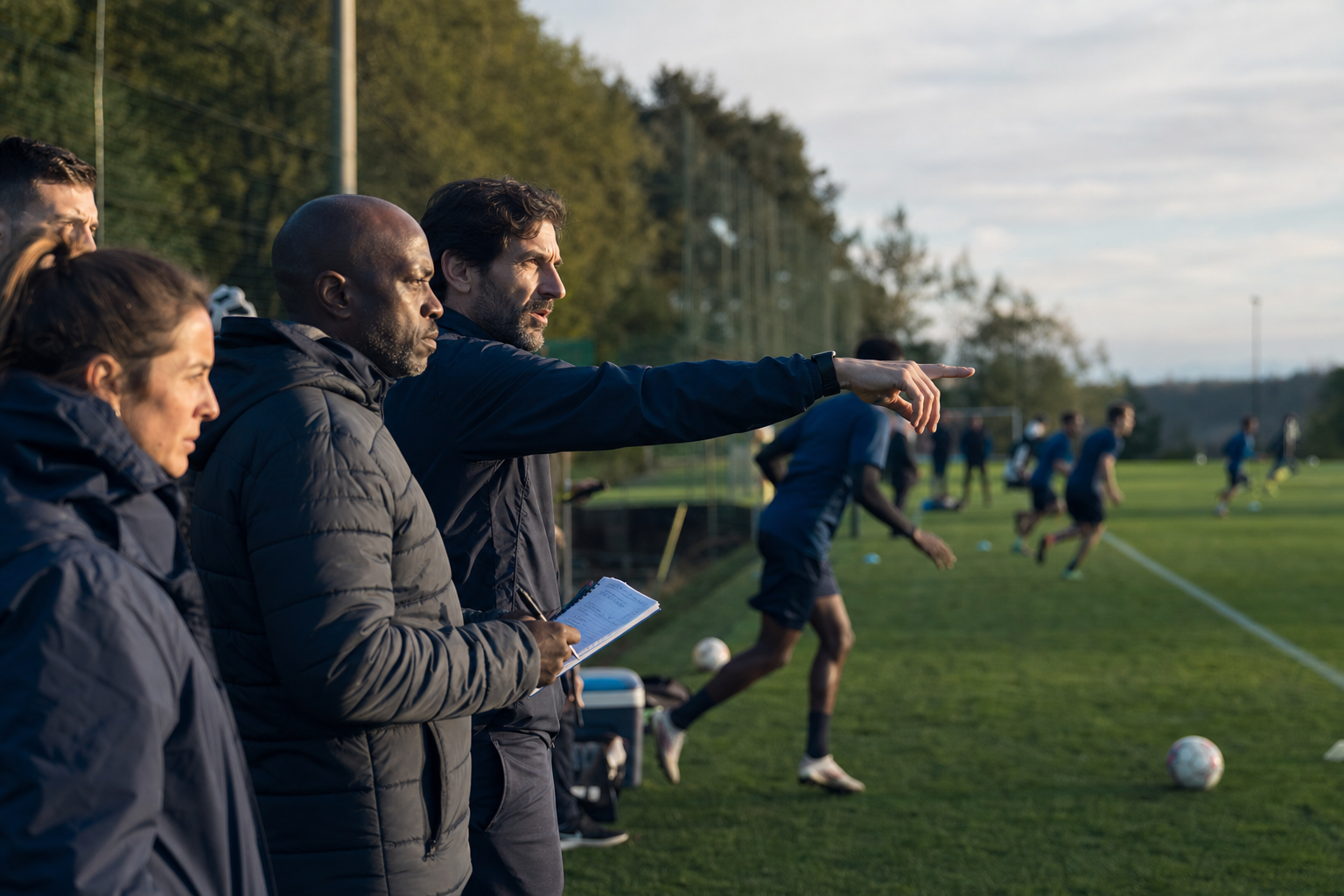 Equipa técnica observa o treino e toma decisões junto ao campo