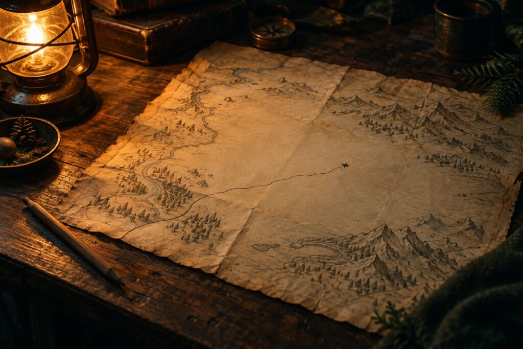 Cena da história «O mapa sem estradas»: Sobre o caminho que só aparece quando começamos a andar.